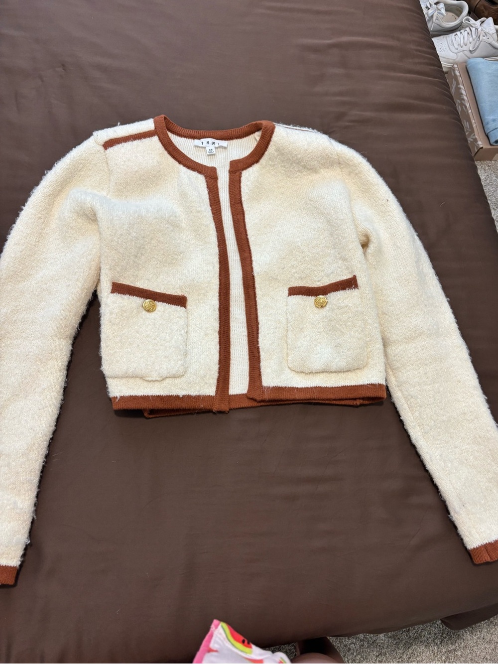 Cream Cropped Jacket with Brown Trim